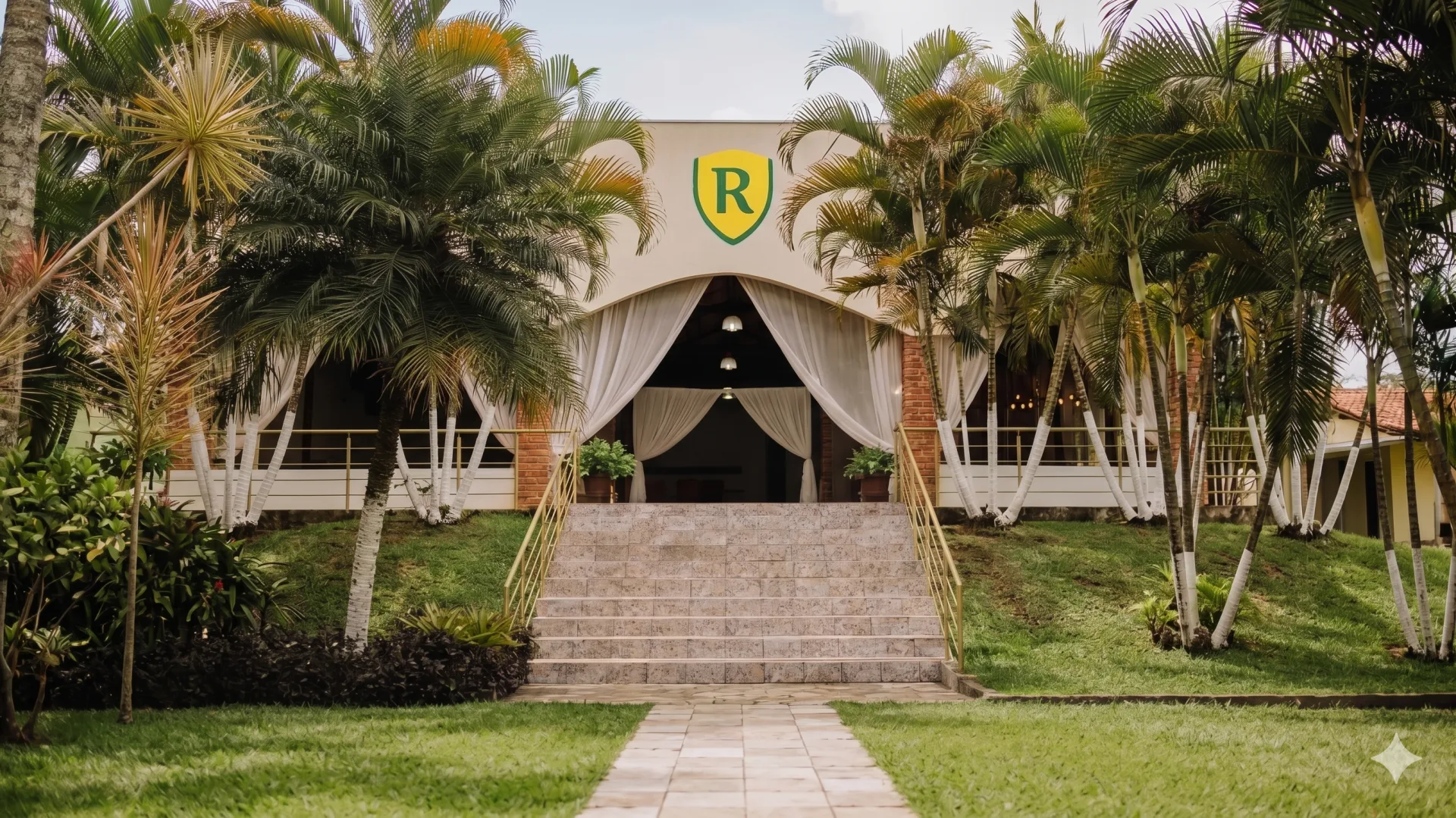 Entrada arborizada da Chácara Espaço Real Buffet